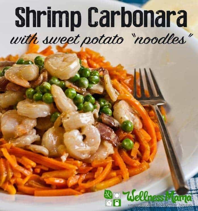 Shrimp carbonara with sweet potato noodles